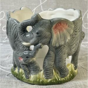 Vintage 2002 Elephant Family Ceramic Candle Votive Holder.  Gray Pink & Green.